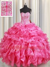 Gorgeous Sleeveless Organza Floor Length Lace Up Quinceanera Gown in Hot Pink with Beading and Ruffles