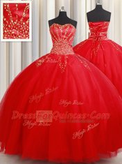 Designer Red Tulle Lace Up Quinceanera Gown Sleeveless Floor Length Beading