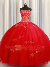 Designer Red Tulle Lace Up Quinceanera Gown Sleeveless Floor Length Beading
