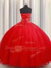 Designer Red Tulle Lace Up Quinceanera Gown Sleeveless Floor Length Beading