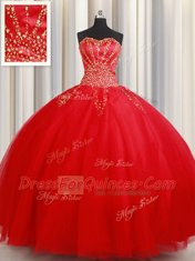 Designer Red Tulle Lace Up Quinceanera Gown Sleeveless Floor Length Beading