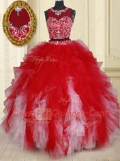 Two Pieces See Through Scoop Sleeveless Zipper 15th Birthday Dress White and Red Tulle