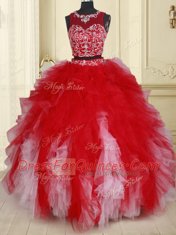 Two Pieces See Through Scoop Sleeveless Zipper 15th Birthday Dress White and Red Tulle