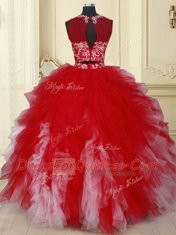 Two Pieces See Through Scoop Sleeveless Zipper 15th Birthday Dress White and Red Tulle