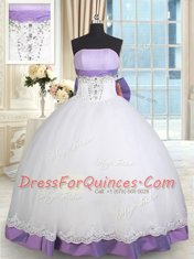 Glamorous White And Purple Taffeta and Tulle Lace Up 15th Birthday Dress Sleeveless Floor Length Beading and Lace and Bowknot