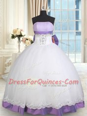 Glamorous White And Purple Taffeta and Tulle Lace Up 15th Birthday Dress Sleeveless Floor Length Beading and Lace and Bowknot