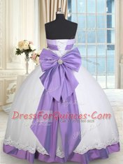 Glamorous White And Purple Taffeta and Tulle Lace Up 15th Birthday Dress Sleeveless Floor Length Beading and Lace and Bowknot