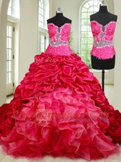 Charming See Through Coral Red Quinceanera Dress Military Ball and Sweet 16 and Quinceanera and For with Beading and Ruffles and Pick Ups Sweetheart Sleeveless Chapel Train Lace Up