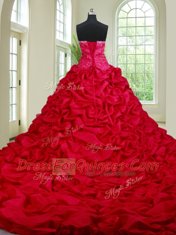 Charming See Through Coral Red Quinceanera Dress Military Ball and Sweet 16 and Quinceanera and For with Beading and Ruffles and Pick Ups Sweetheart Sleeveless Chapel Train Lace Up