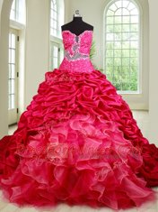 Charming See Through Coral Red Quinceanera Dress Military Ball and Sweet 16 and Quinceanera and For with Beading and Ruffles and Pick Ups Sweetheart Sleeveless Chapel Train Lace Up