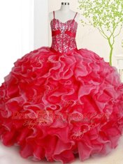 Hot Selling Red Spaghetti Straps Lace Up Beading and Ruffles Quinceanera Dress Sleeveless