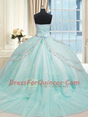 Sleeveless Brush Train Lace Up With Train Beading Ball Gown Prom Dress