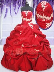 Top Selling Strapless Sleeveless Quinceanera Gowns Floor Length Appliques and Pick Ups Red Taffeta