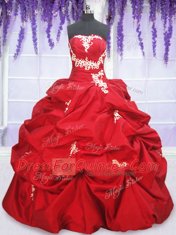 Top Selling Strapless Sleeveless Quinceanera Gowns Floor Length Appliques and Pick Ups Red Taffeta