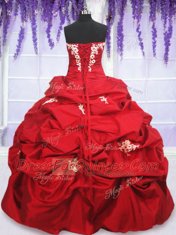 Top Selling Strapless Sleeveless Quinceanera Gowns Floor Length Appliques and Pick Ups Red Taffeta