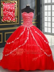 Red Tulle Lace Up Sweetheart Sleeveless 15 Quinceanera Dress Beading and Appliques