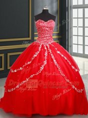 Red Tulle Lace Up Sweetheart Sleeveless 15 Quinceanera Dress Beading and Appliques