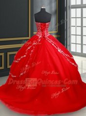 Red Tulle Lace Up Sweetheart Sleeveless 15 Quinceanera Dress Beading and Appliques