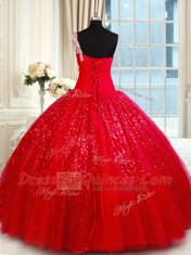 Red Quinceanera Gown Military Ball and Sweet 16 and Quinceanera and For with Beading and Appliques One Shoulder Sleeveless Lace Up