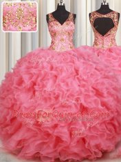 Admirable Sleeveless Organza Floor Length Backless 15 Quinceanera Dress in Pink with Beading and Ruffles