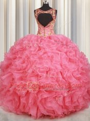 Admirable Sleeveless Organza Floor Length Backless 15 Quinceanera Dress in Pink with Beading and Ruffles
