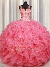 Admirable Sleeveless Organza Floor Length Backless 15 Quinceanera Dress in Pink with Beading and Ruffles