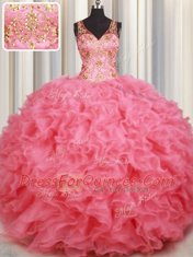 Admirable Sleeveless Organza Floor Length Backless 15 Quinceanera Dress in Pink with Beading and Ruffles