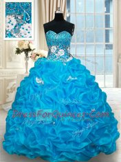 Chic Sweetheart Sleeveless Organza Quince Ball Gowns Beading and Pick Ups Brush Train Lace Up