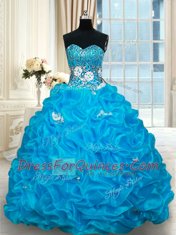 Chic Sweetheart Sleeveless Organza Quince Ball Gowns Beading and Pick Ups Brush Train Lace Up
