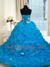 Chic Sweetheart Sleeveless Organza Quince Ball Gowns Beading and Pick Ups Brush Train Lace Up