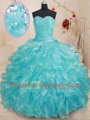 Sleeveless Floor Length Beading and Ruffles Lace Up Ball Gown Prom Dress with Aqua Blue