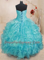Sleeveless Floor Length Beading and Ruffles Lace Up Ball Gown Prom Dress with Aqua Blue