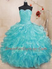 Sleeveless Floor Length Beading and Ruffles Lace Up Ball Gown Prom Dress with Aqua Blue