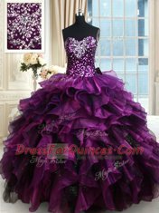 Popular Sequins Ruffled Sweetheart Sleeveless Lace Up 15 Quinceanera Dress Purple Organza