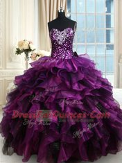 Popular Sequins Ruffled Sweetheart Sleeveless Lace Up 15 Quinceanera Dress Purple Organza