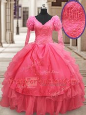 Perfect Pink Organza Zipper V-neck Half Sleeves Floor Length Quinceanera Gowns Beading and Embroidery and Ruffled Layers