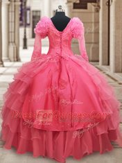 Perfect Pink Organza Zipper V-neck Half Sleeves Floor Length Quinceanera Gowns Beading and Embroidery and Ruffled Layers