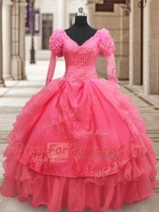 Perfect Pink Organza Zipper V-neck Half Sleeves Floor Length Quinceanera Gowns Beading and Embroidery and Ruffled Layers
