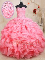 Fabulous Pink Organza Lace Up Sweetheart Sleeveless Floor Length Quinceanera Gown Beading and Ruffles