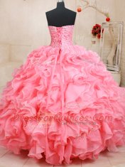 Fabulous Pink Organza Lace Up Sweetheart Sleeveless Floor Length Quinceanera Gown Beading and Ruffles