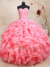 Fabulous Pink Organza Lace Up Sweetheart Sleeveless Floor Length Quinceanera Gown Beading and Ruffles