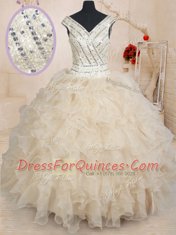Champagne V-neck Neckline Beading and Ruffles and Sequins Sweet 16 Quinceanera Dress Cap Sleeves Zipper