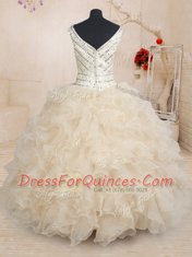 Champagne V-neck Neckline Beading and Ruffles and Sequins Sweet 16 Quinceanera Dress Cap Sleeves Zipper