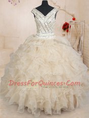 Champagne V-neck Neckline Beading and Ruffles and Sequins Sweet 16 Quinceanera Dress Cap Sleeves Zipper