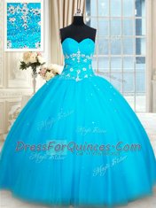 Cute Baby Blue Lace Up Sweetheart Beading Quinceanera Gowns Tulle Sleeveless