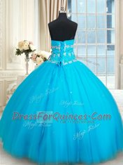Cute Baby Blue Lace Up Sweetheart Beading Quinceanera Gowns Tulle Sleeveless