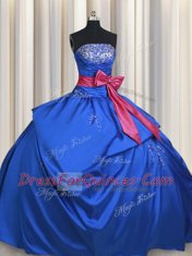 Free and Easy Sleeveless Taffeta Floor Length Lace Up 15 Quinceanera Dress in Blue with Beading and Bowknot