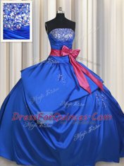 Free and Easy Sleeveless Taffeta Floor Length Lace Up 15 Quinceanera Dress in Blue with Beading and Bowknot