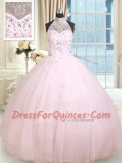 Halter Top Floor Length Baby Pink Quince Ball Gowns Tulle Sleeveless Beading