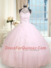 Halter Top Floor Length Baby Pink Quince Ball Gowns Tulle Sleeveless Beading